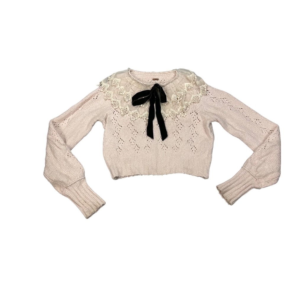 Free People Blush Pink Pointelle Knit Cropped Sweater Lace Collar Velvet Bow S